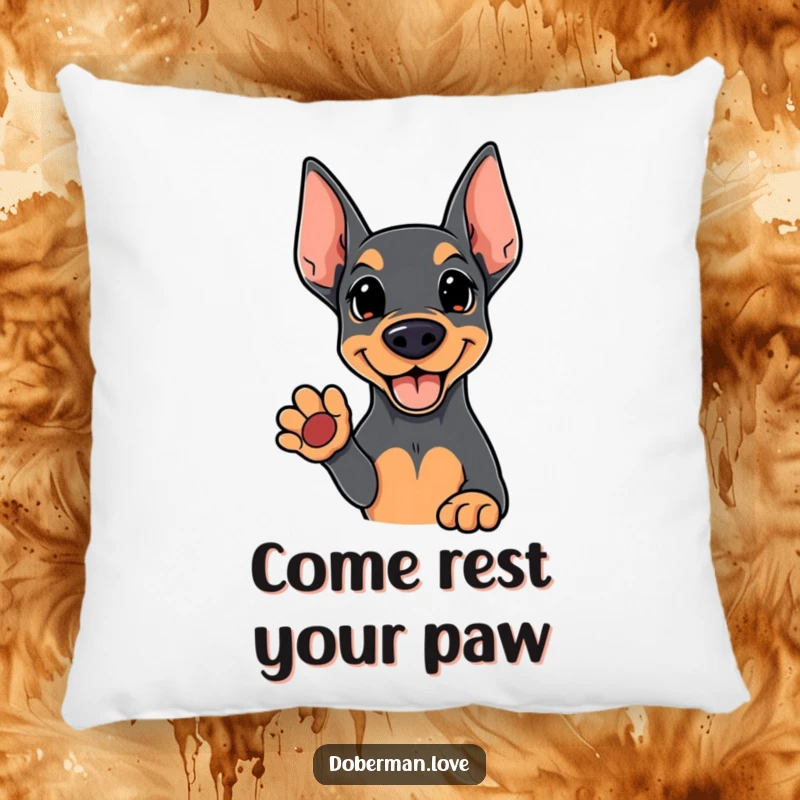 Funny Kawaii Doberman pillow featuring a cute dog offering a welcoming paw, perfect for decoration and cuddles.