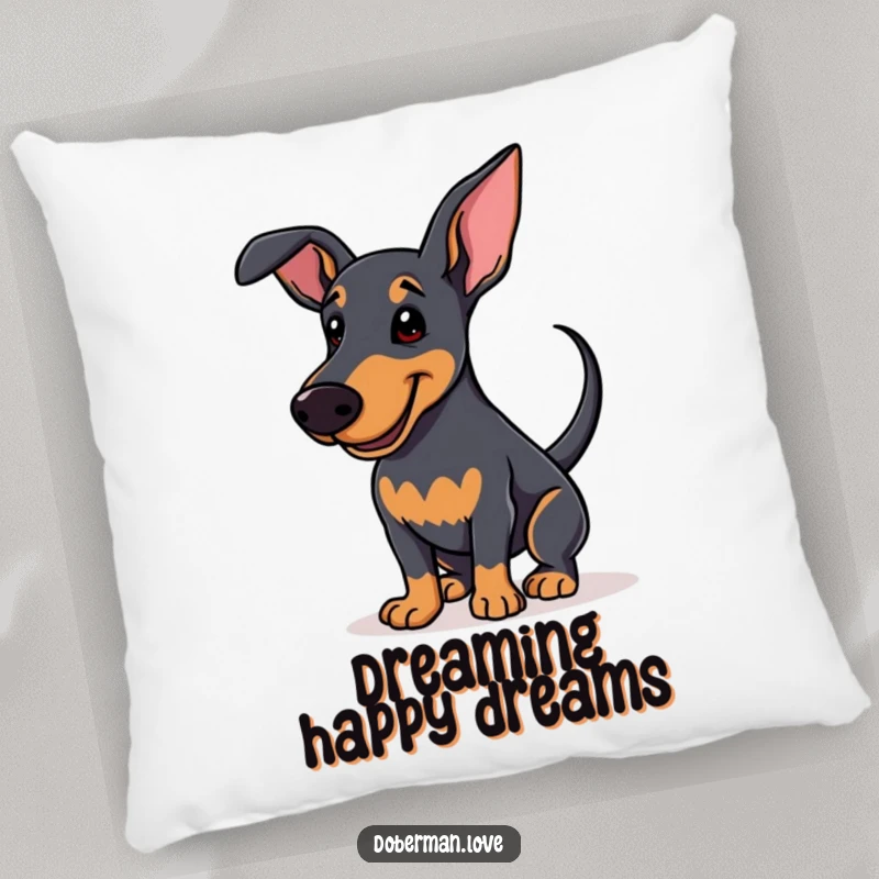 Funny Pillow with an enthusiastic Doberman wagging its tail and smiling, perfect for adding cozy, happy accents.