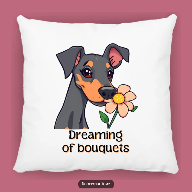 Funny Doberman Sniffing Flower Pillow: Cozy Comfort with Canine Curiosity