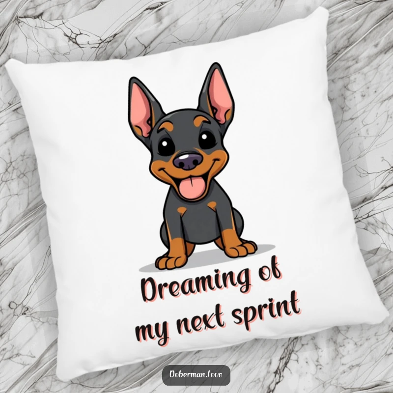 Funny Doberman pillow with a happy dog panting, tongue out, after exercise, offering both comfort and a dose of canine humor.