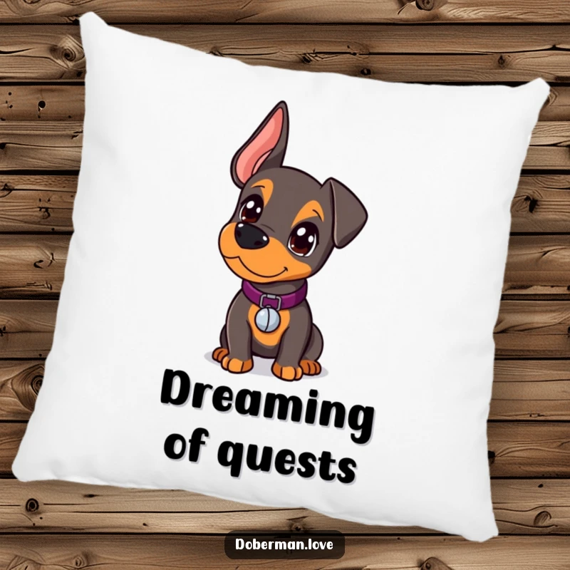 Funny Doberman Pillow with a kawaii doberman puppy wearing a tiny bell, looking curiously, perfect for relaxation and smiles.