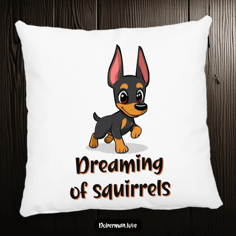 Funny Doberman pillow showcasing a dog with intense, watchful eyes focused on a playful pursuit of a shadow, adding comfort and humor.