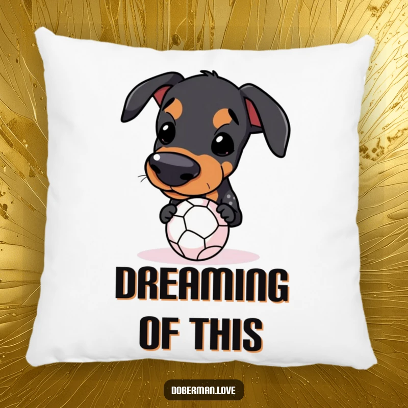 Funny Kawaii Doberman Pillow featuring a dog balancing a small ball on its snout, for comfy humor.