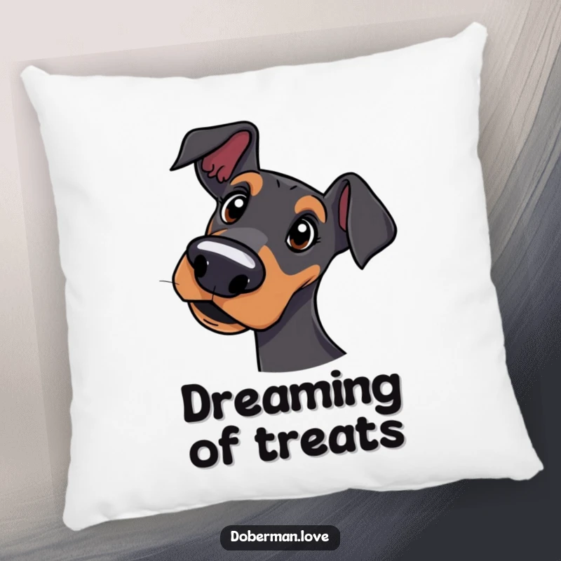 Funny decorative pillow with a curious Doberman dog tilting its head in a quizzical manner.
