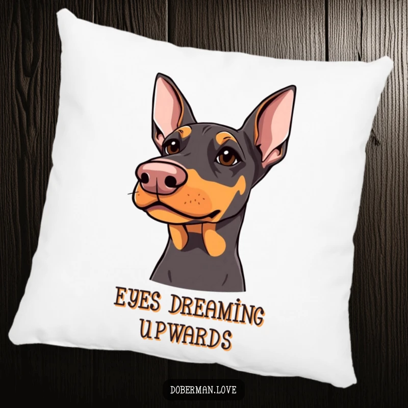 Funny Doberman Pillow: Doberman with sharp but kind eyes looking upwards, soft and humorous accent pillow.