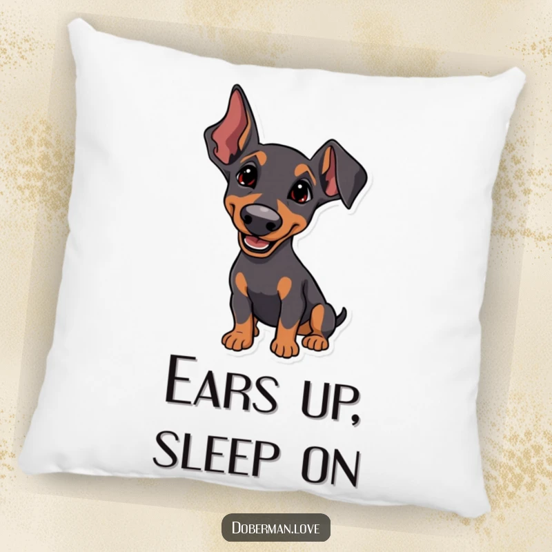 Funny Pillow with a Doberman whose ears are perked, listening intently with a happy tilt, perfect for adding cozy, attentive accents.