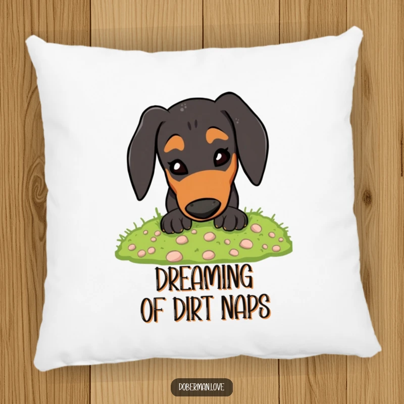 Funny Doberman Pillow: Energetic dog digging in soft moss, a comical and cozy home accent.