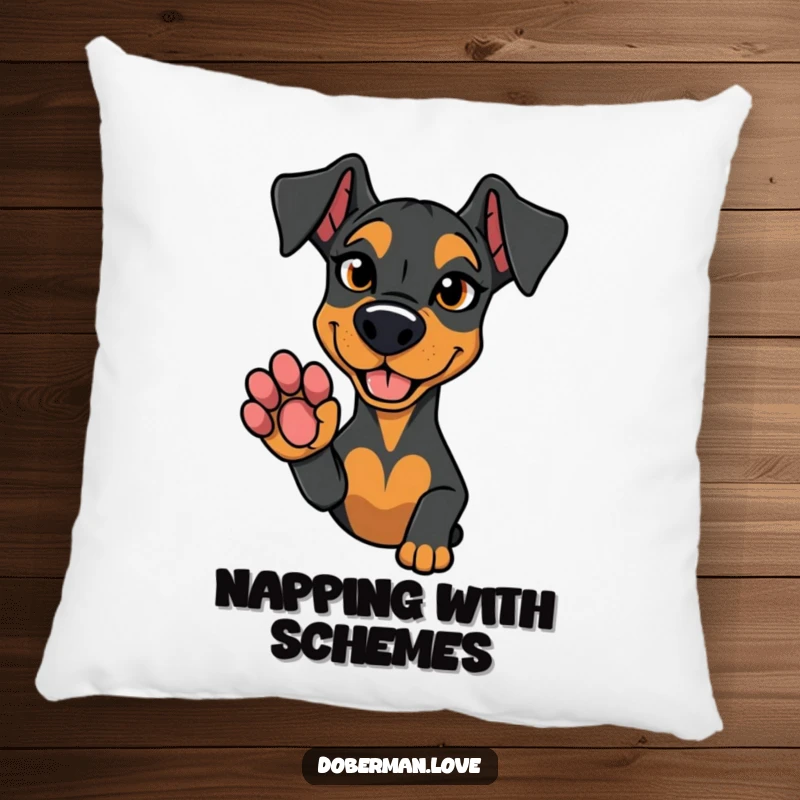 Funny pillow showcasing a Doberman dog with a mischievous glint, extending its paw in a playful offer.