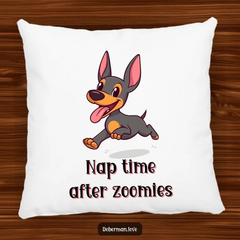 Funny Doberman Pillow: Doberman running with tongue out in joyful abandon, soft and humorous accent pillow.
