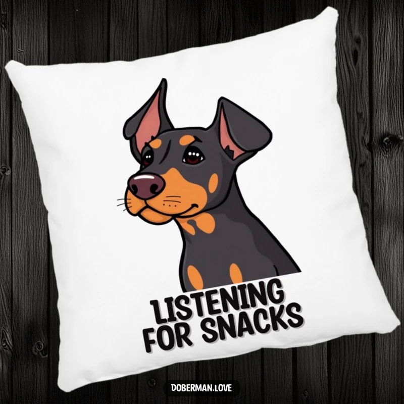 Funny Doberman pillow featuring its ears perked, listening intently, offering comfort and a touch of humor.