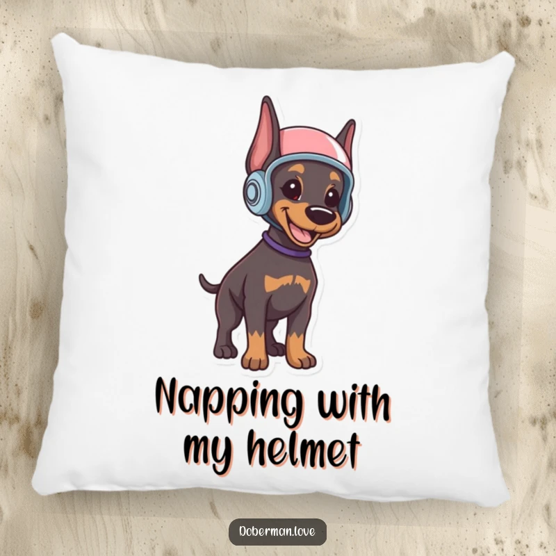 Funny Doberman puppy pillow featuring a smiling puppy in a protective helmet, standing alert and ready to offer comfort and humor.