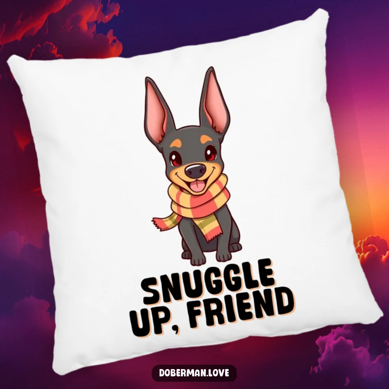Funny Doberman Pillow: Cute kawaii dog wearing a tiny scarf, looking happy, a soft and cheerful accent.