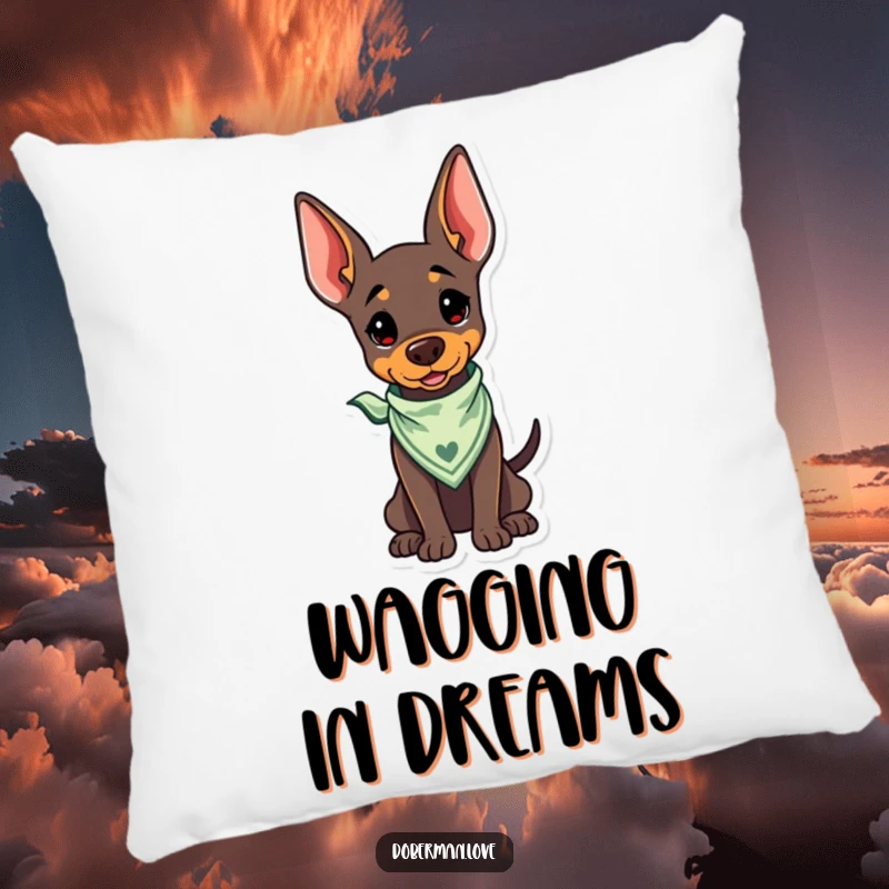 Funny Kawaii Doberman Pillow with a bandana and wagging tail, for comfy and happy humor.