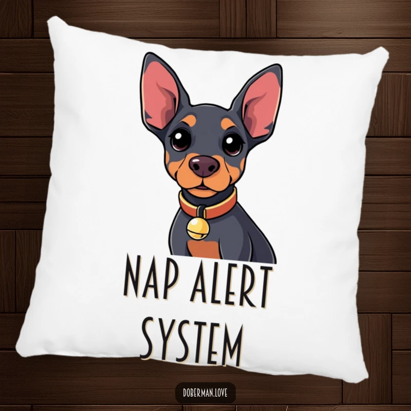 Funny Kawaii Doberman Pillow with a tiny bell collar, a curious dog design for charming comfort.