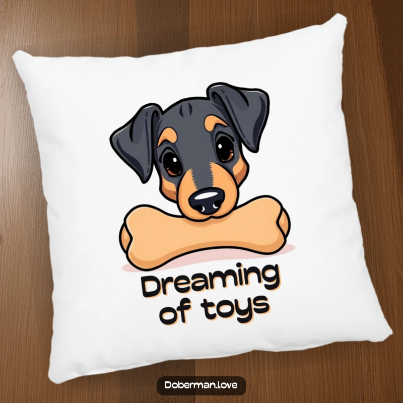 Funny Kawaii Doberman pillow; a playful dog peeking from behind a chew toy, offering comfort and a good laugh.