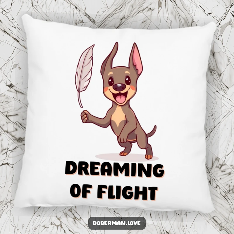 Funny Kawaii Doberman pillow showing an energetic dog mid-pounce, chasing a small feather, soft and amusing.