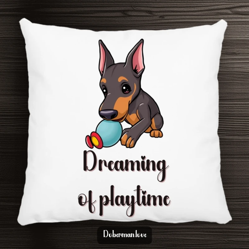 Funny Doberman Pillow with a kawaii doberman puppy with alert ears, playfully nudging a toy, perfect for comfort and smiles.