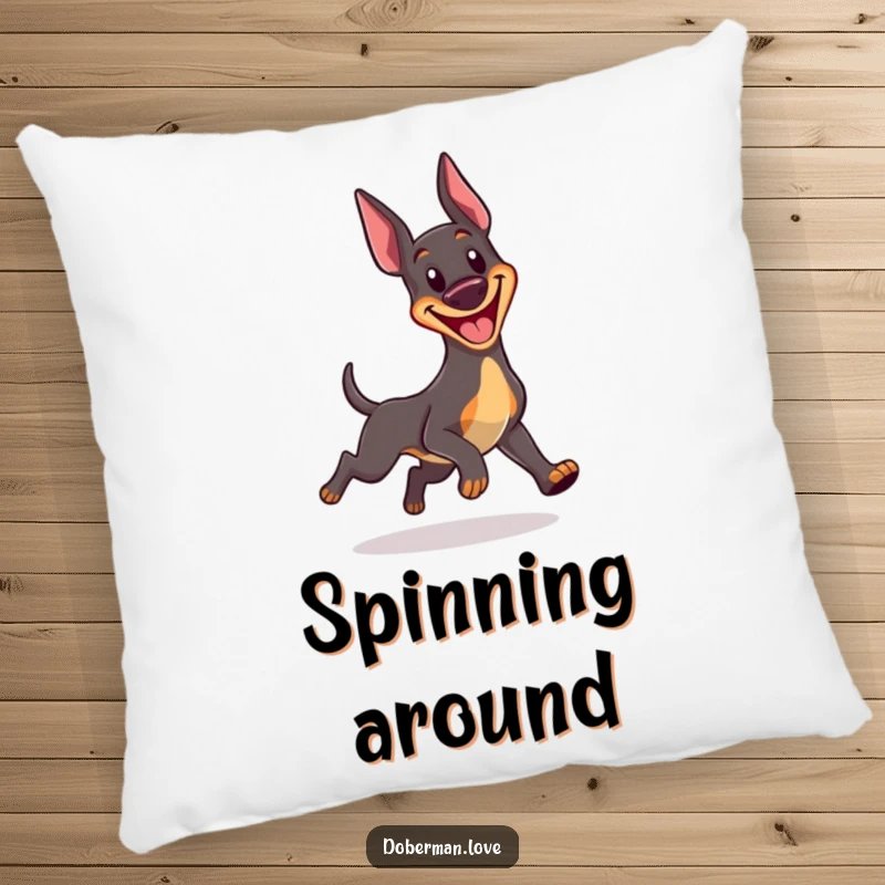 Funny Kawaii Doberman pillow showing a happy dog with a wide smile, humorously spinning after its tail, soft and cuddly.