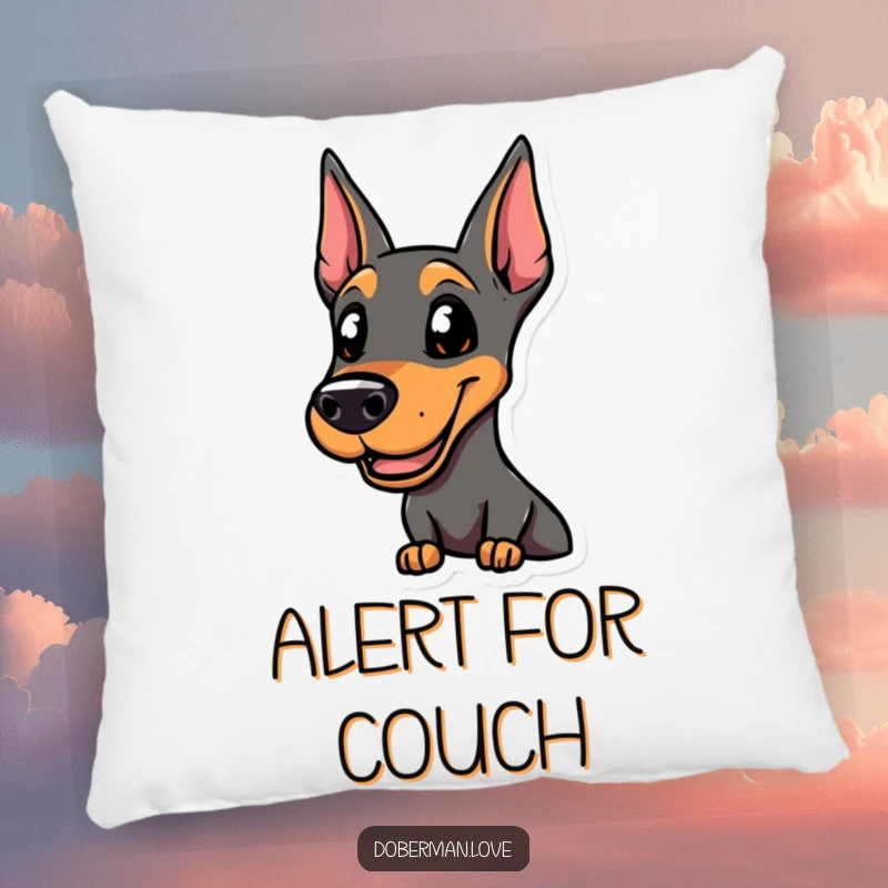 Funny smiling Doberman pillow, alert and ready for action, offering comfort with a touch of humorous readiness.