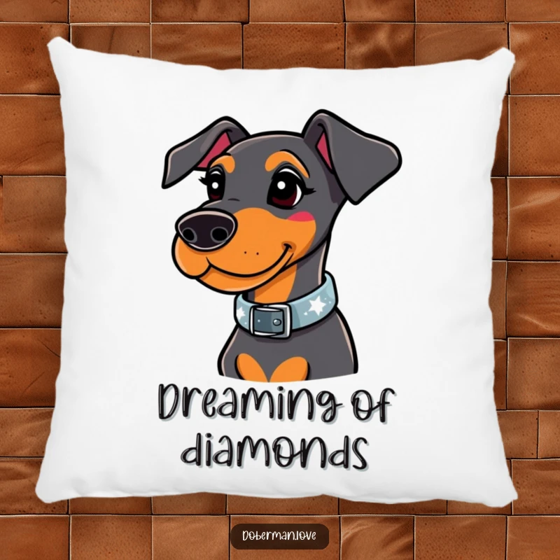 Funny doberman pillow featuring a whimsical dog wearing a stylish collar that sparkles brightly, adding a touch of luxury.