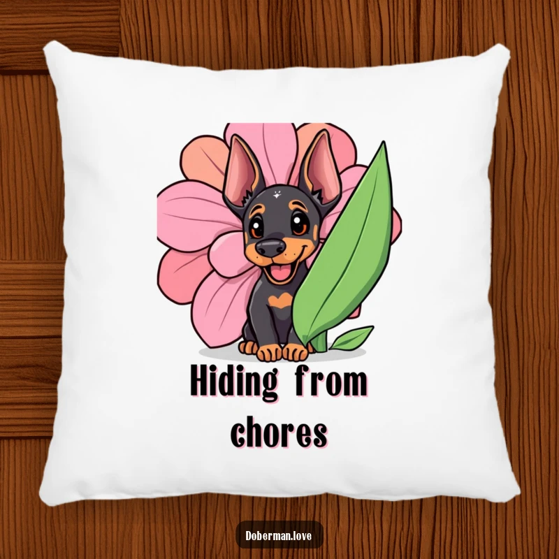 Funny Doberman cub peeking out from a giant, colorful flower, its happy face inviting cuddles.