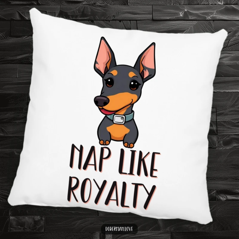 Funny Kawaii Doberman pillow; a proud dog with a stylish collar adds a touch of humor and comfort.