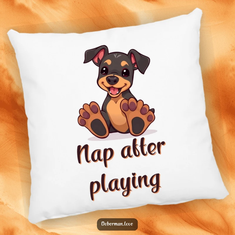 Funny kawaii doberman puppy with oversized paws, enthusiastically playing, depicted on a soft, plush pillow.