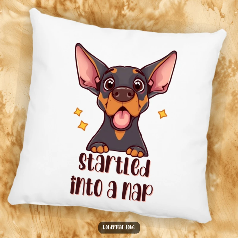 Funny pillow showcasing a Doberman dog with a comically shocked and surprised face, startled by its own echo.
