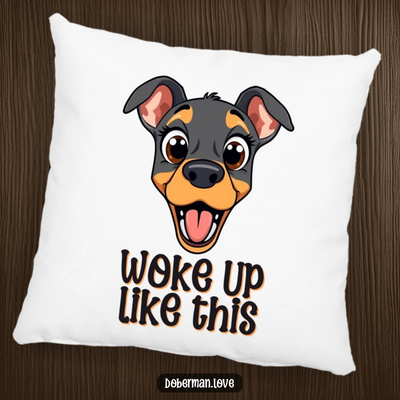 Funny doberman pillow featuring a dog with wide eyes and an open mouth, exuding hilarious surprise and comical reaction.