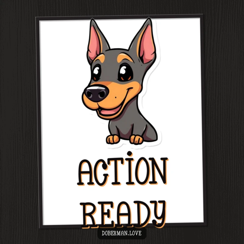Funny smiling Doberman digital art print, alert and ready for action, conveying a sense of preparedness and playful confidence.