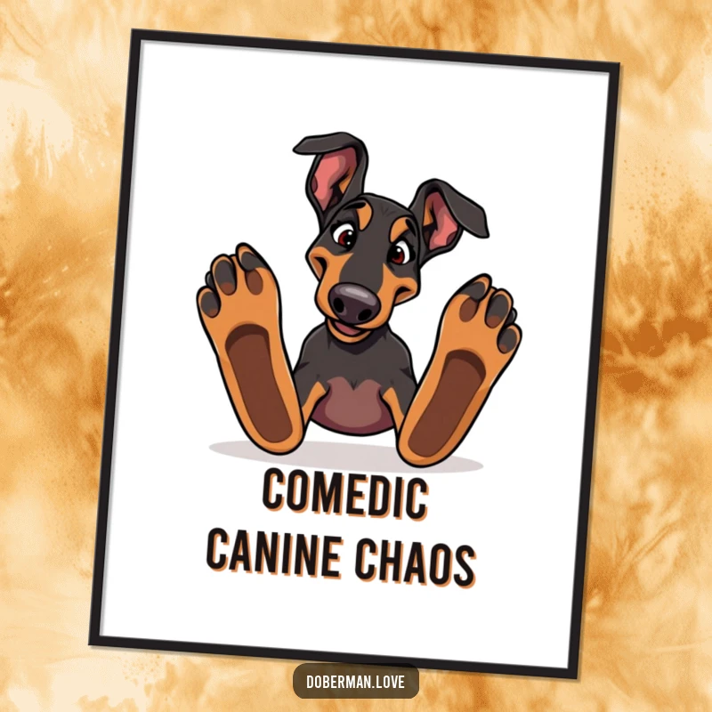 Funny Doberman dog tripping over large paws as a digital art print, bringing instant slapstick humor.
