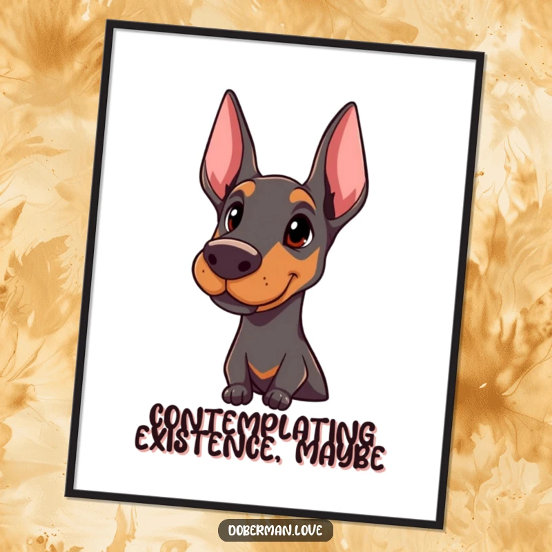 Funny Doberman digital art print of a proud dog with an attentive head tilt, ideal for instant, elegant decor.