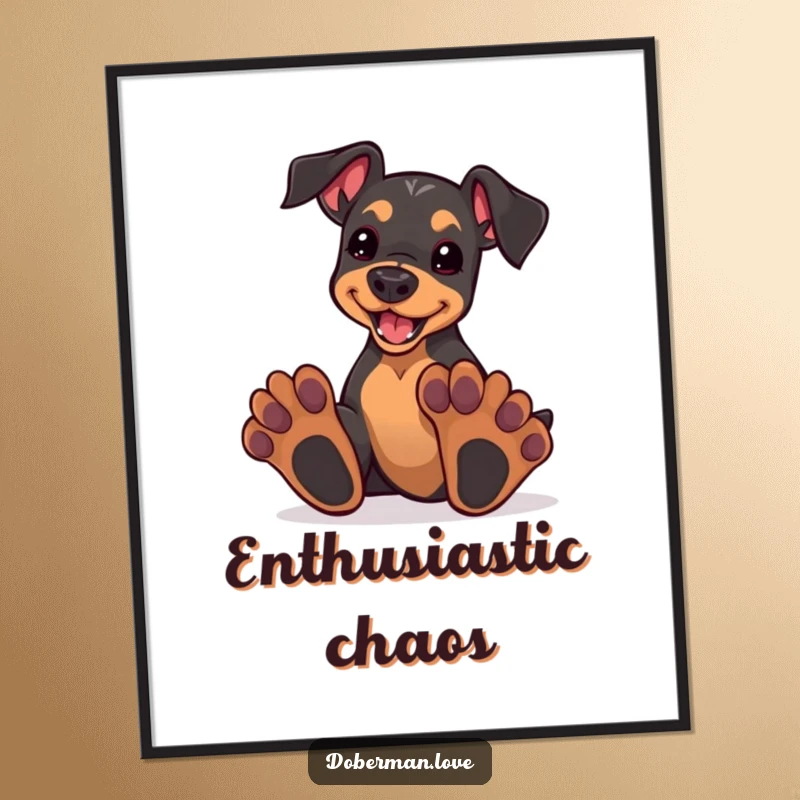 Funny kawaii doberman puppy with oversized paws, enthusiastically playing, presented as a high-resolution digital download art print.