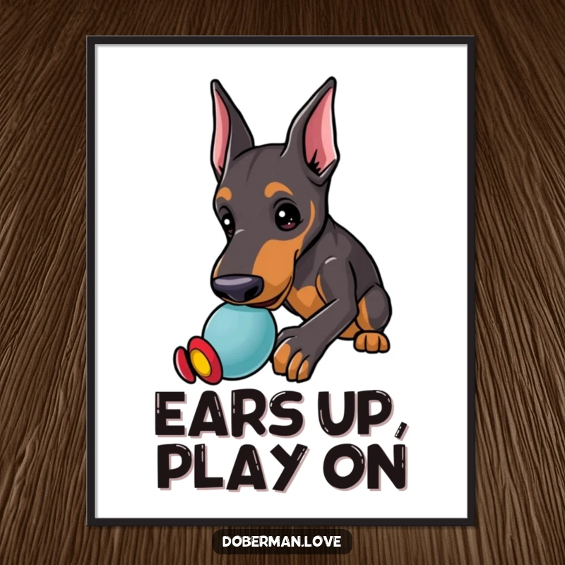 Funny Doberman Digital Art Print of a kawaii doberman puppy with alert ears, playfully nudging a toy, a vibrant and fun piece.
