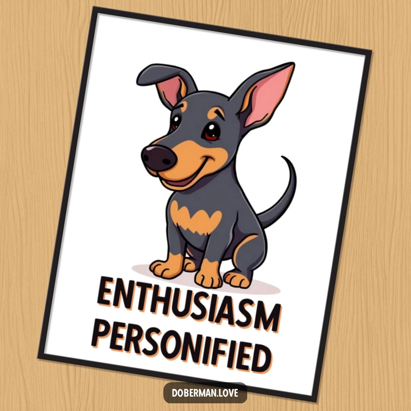 Funny Digital Art Print of an enthusiastic Doberman wagging its tail with a soft smile, perfect for happy and cheerful decor.