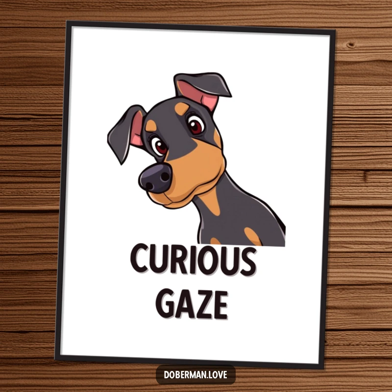 Funny digital art print of a curious doberman tilting its head with attentive eyes, ideal for dog-themed decor.
