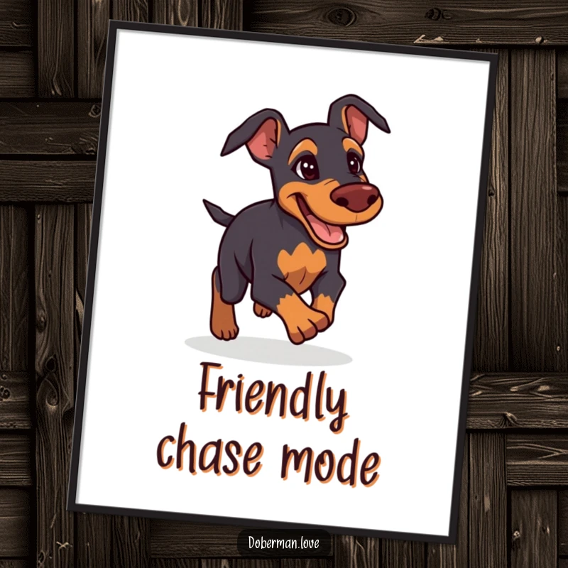 Funny Doberman Digital Art Print: Determined and friendly Doberman giving chase, high-quality humorous canine artwork for instant download.