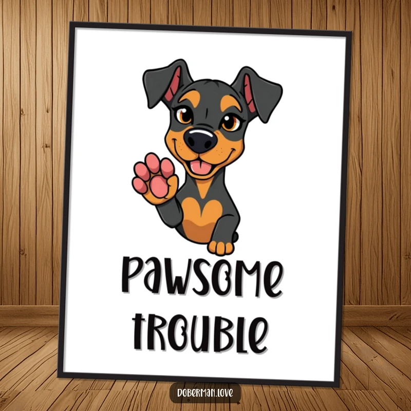 Funny digital art print of a Doberman dog with a mischievous glint, offering its paw for a playful pact.