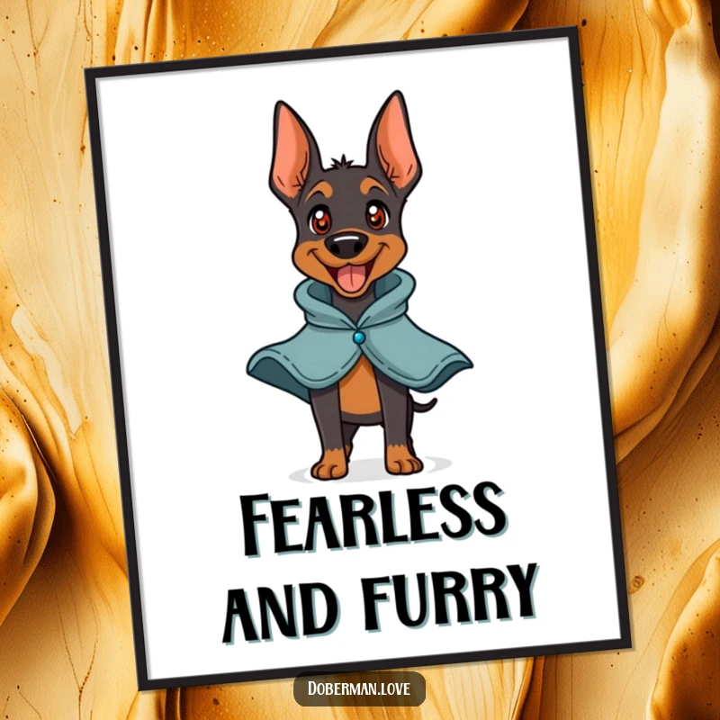 Funny Doberman Hero Digital Art Print featuring a playful doberman barking happily with a small cape. Whimsical dog illustration, perfect for wall art and immediate download.