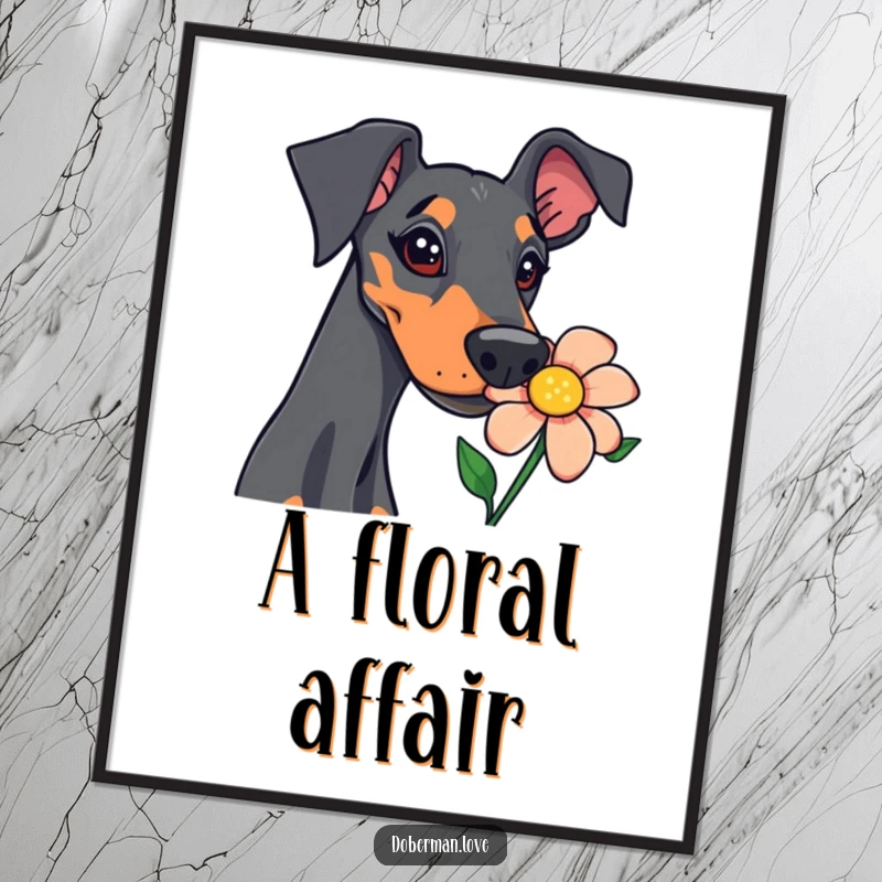 Funny doberman digital art print showcasing a curious dog sniffing a colorful flower, instantly adding humor and charm.