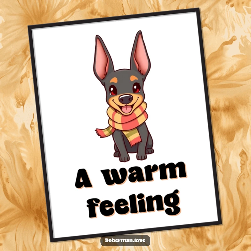 Funny Doberman Digital Art: Adorable kawaii dog wearing a tiny scarf, looking happy, cheerful art download.