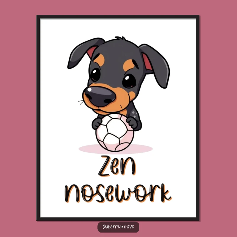 Funny Kawaii Doberman Ball Balance Digital Art: Instant Pup Focus Decor