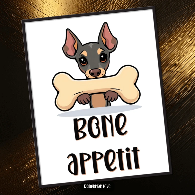 Funny Kawaii Doberman digital art print of a dog peeking from behind a large bone, printable wall decor with humor.