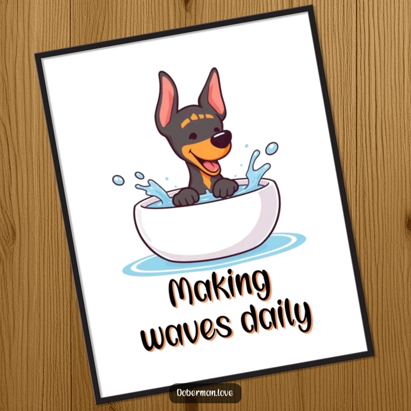 Funny Doberman Digital Art: Playful kawaii dog splashing water, vibrant and humorous artwork for instant download.