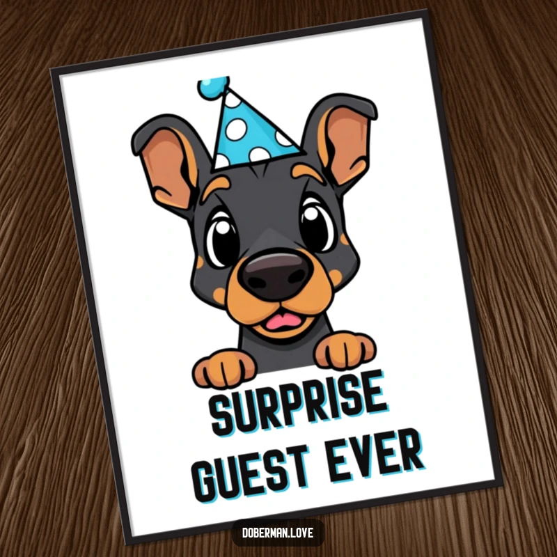 Funny Doberman Digital Art: Adorable kawaii dog in a party hat, hilariously surprised, vibrant art for instant download.