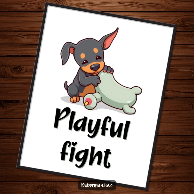 Funny digital art print of a tiny doberman playfully wrestling with an oversized toy chew, ideal for energetic and dog-themed decor.