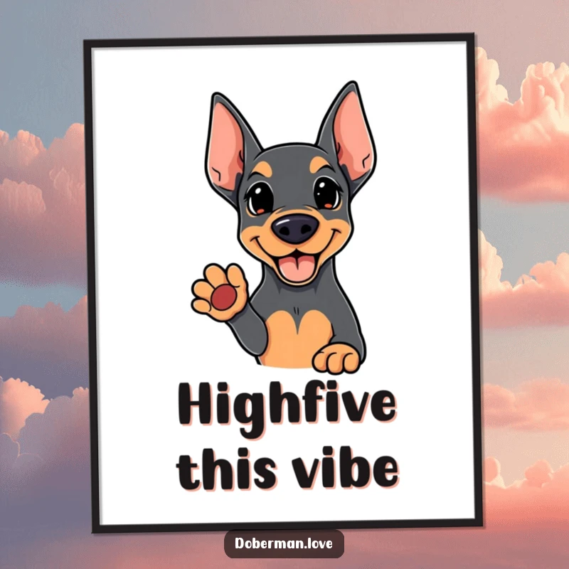 Funny Kawaii Doberman digital art print of a cute dog offering an open paw, ideal for instant home decor.