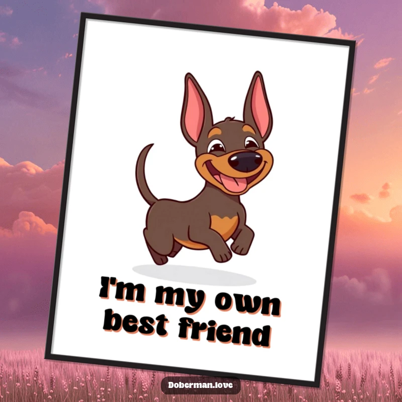 Funny Doberman digital art print of a happy dog with a goofy grin, joyfully chasing its wagging tail.