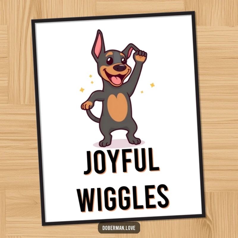 Funny digital art print of a happy Doberman doing an energetic tail wag dance, radiating pure joy and canine excitement.
