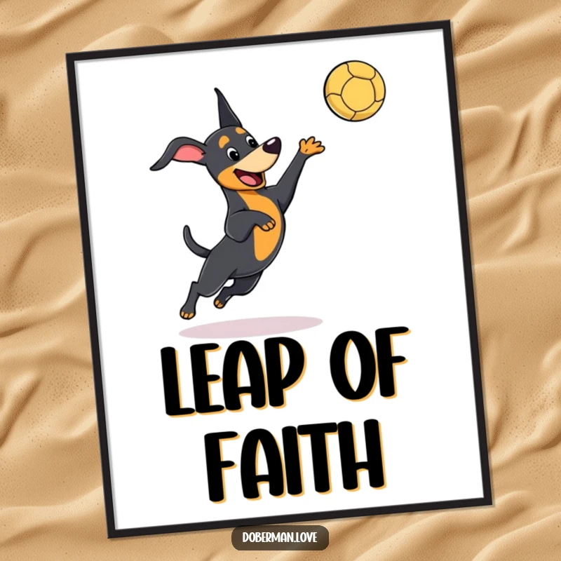 Funny kawaii Doberman digital art print of a dog playfully leaping to catch a ball, capturing energetic movement and adorable humor.